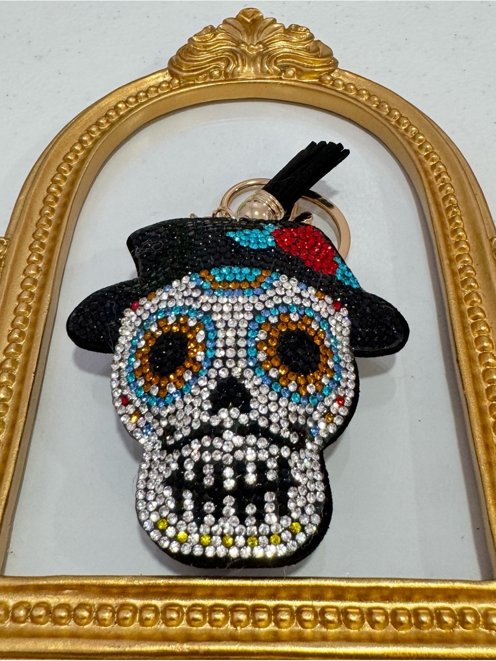 New Crystal Embellished Sugar Skull w/ Mustache & Hat Keychain